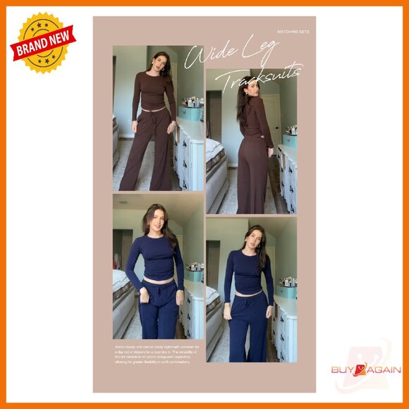 Women's 2 Piece Lounge Set Long Sleeve Top Wide Leg Pants Matching Outfit - Picture 6 of 8